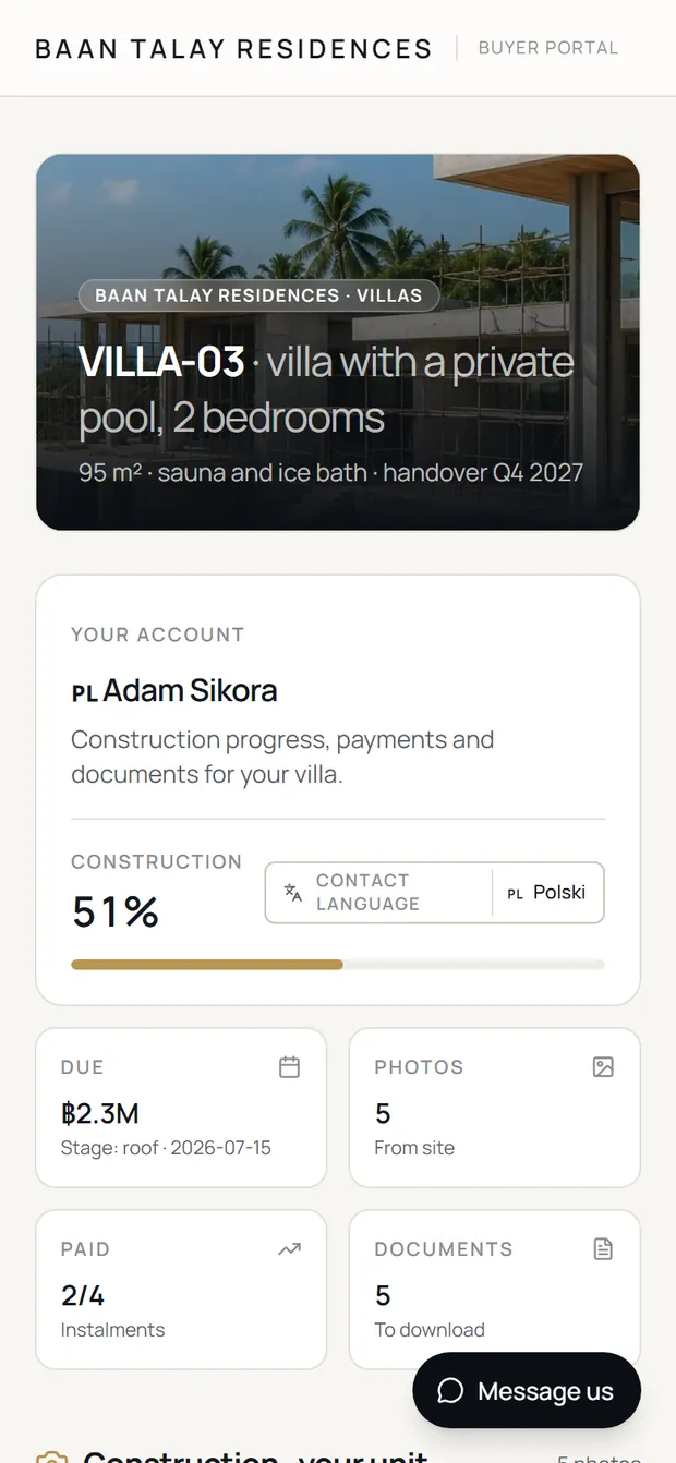 A buyer checking their property’s progress and payments in the sample project portal