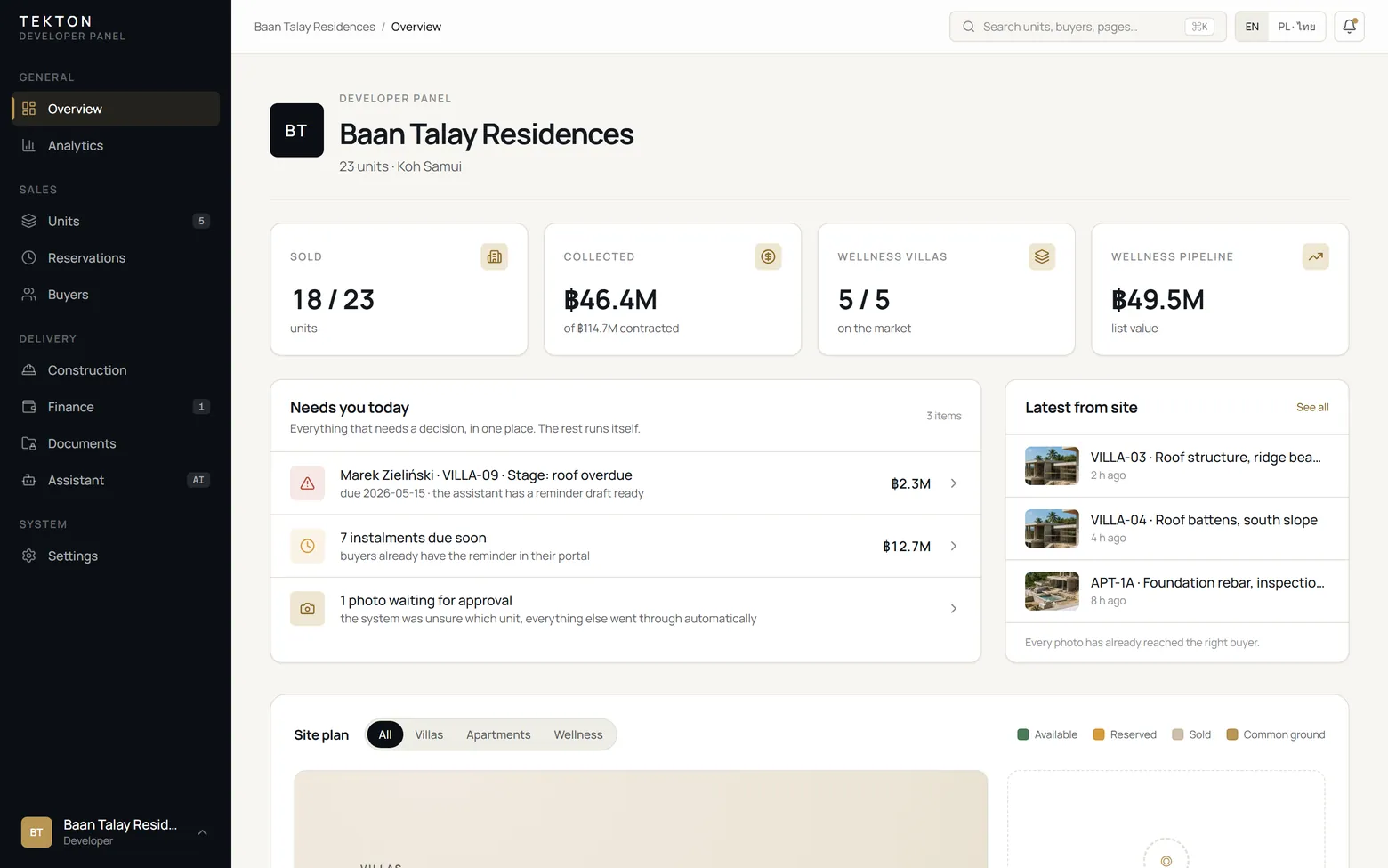 Tekton developer dashboard with sales, payments, site updates and a site plan for the sample Baan Talay project